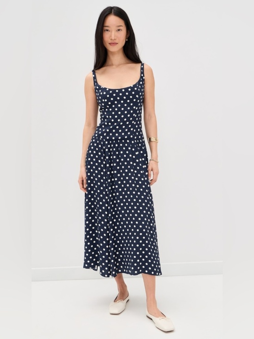 Reformation Bellarose Dress Polka Dot Navy White